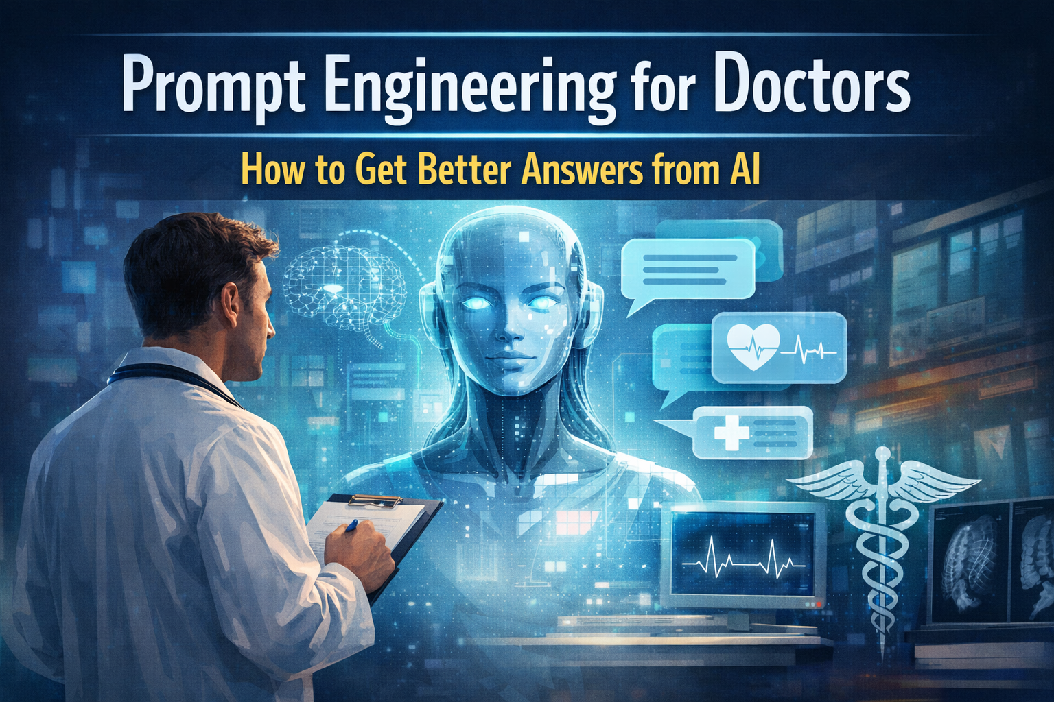 AI and medicine concept illustration showing a clinician interacting with a digital assistant